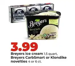 Hy-Vee Breyers ice cream 1.5 quart, Breyers CarbSmart or Klondike novelties 4 or 6 ct offer