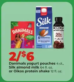 Hy-Vee Danimals yogurt pouches 4 ct., Silk almond milk 64 fl. oz. or Oikos protein shake 12 fl. oz offer