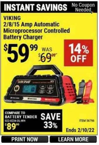 Harbor Freight Tools Viking 2 8 15 Amp Automatic Microprocessor Controlled Battery Charger offer