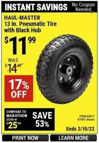 Harbor Freight Tools Haul-master 13 In. Pneumatic Tire With Black Hub offer