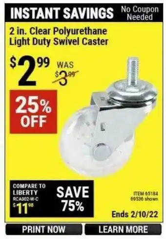 Harbor Freight Tools 2 In. Clear Polyurethane Light Duty Swivel Caster offer