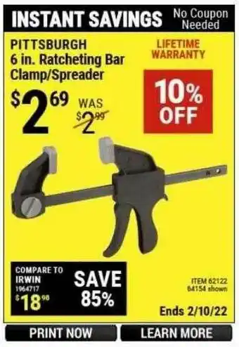 Harbor Freight Tools Pittsburgh 6 In. Ratcheting Bar Clamp Spreader offer