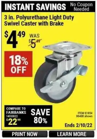 Harbor Freight Tools 3 In. Polyurethane Light Duty Swivel Caster With Brake offer