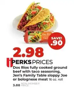 Hy-Vee Dos Rios fully cooked ground beef with taco seasoning, Jen's Family Table sloppy Joe or bolognese meat offer