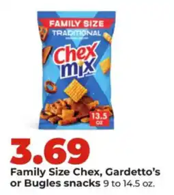 Hy-Vee Family Size Chex, Gardetto's or Bugles snacks offer