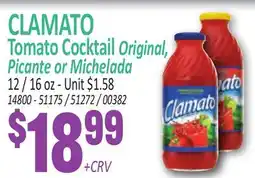 Jetro CLAMATO Tomato Cocktail Original, Picante or Michelada offer
