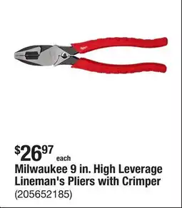 The Home Depot Milwaukee 9 in. High Leverage Lineman's Pliers with Crimper offer