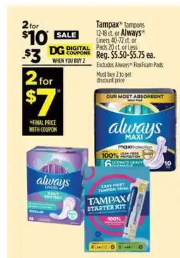 Dollar General Tampax Tampons or Always Liners offer
