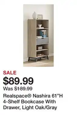 Office Depot Realspace Nashira 61H 4-Shelf Bookcase With Drawer, Light Oak/Gray offer