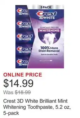 Costco Crest 3D White Brilliant Mint Whitening Toothpaste, 5.2 oz, 5-pack offer