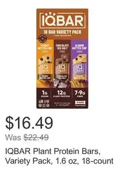 Costco IQBAR Plant Protein Bars, Variety Pack, 1.6 oz, 18-count offer