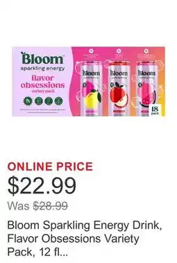 Costco Bloom Sparkling Energy Drink, Flavor Obsessions Variety Pack, 12 fl oz, 18-count offer