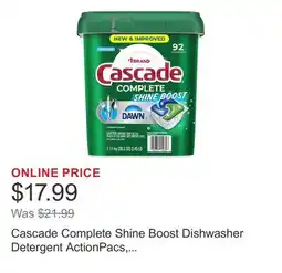 Costco Cascade Complete Shine Boost Dishwasher Detergent ActionPacs, Fresh, 92-count offer