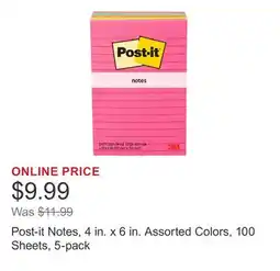 Costco Post-it Notes, 4 in. x 6 in. Assorted Colors, 100 Sheets, 5-pack offer