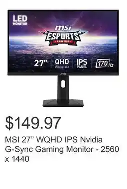 Costco MSI 27 WQHD IPS Nvidia G-Sync Gaming Monitor - 2560 x 1440 offer