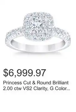 Costco Princess Cut & Round Brilliant 2.00 ctw VS2 Clarity, G Color Diamond Platinum Halo Ring offer