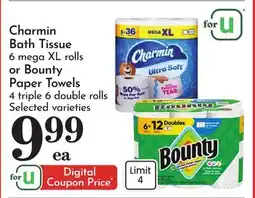 Pavilions Charmin Bath Tissue 6 mega XL rolls or Bounty Paper Towels 4 triple 6 double rolls offer