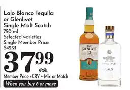 Pavilions Lalo Blanco Tequila or Glenlivet Single Malt Scotch offer