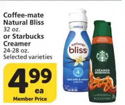 Vons Coffee-mate Natural Bliss 32 oz. or Starbucks Creamer 24-28 oz offer