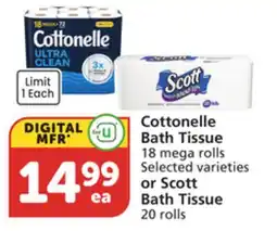 Vons Cottonelle Bath Tissue 18 mega rolls or Scott Bath Tissue 20 rolls offer