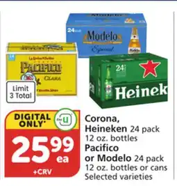 Albertsons Corona, Heineken 24 pack 12 oz. bottles Pacifico or Modelo 24 pack 12 oz. bottles or cans offer