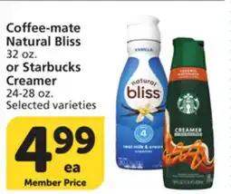 Albertsons Coffee-mate Natural Bliss 32 oz. or Starbucks Creamer 24-28 oz offer
