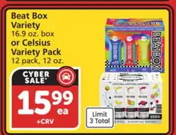 Albertsons Beat Box Variety 16.9 oz. box or Celsius Variety Pack 12 pack, 12 oz offer