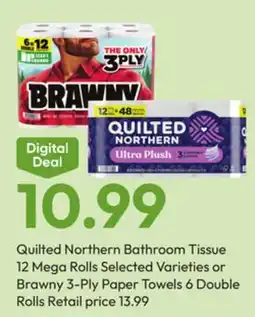 Stater Bros Quilted Northern Bathroom Tissue 12 Mega Rolls or Brawny 3-Ply Paper Towels 6 Double Rolls offer