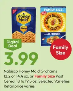 Stater Bros Nabisco Honey Maid Grahams or Family Size Post Cereal offer