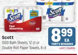 Tony’s Fresh Market Scott 1000 Bath Sheets, 12 ct or Double Roll Paper Towels, 8 ct offer