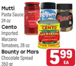 Tony’s Fresh Market Mutti Pasta Sauce 24 oz Cento Imported Marzano Tomatoes 28 oz Bounty or Mars Chocolate Spread 350 gr offer