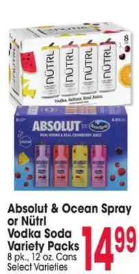 Jewel-Osco Absolut & Ocean Spray or Nütri Vodka Soda Variety Packs offer