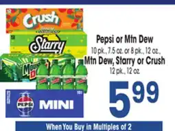 Jewel-Osco Pepsi or Mtn Dew 0 pk., 7.5 oz. or 8 pk., 12 oz. Mtn Dew, Starry or Crush 12 pk., 12 oz offer