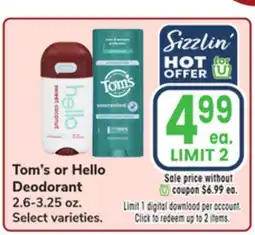 Jewel-Osco Tom's or Hello Deodorant offer