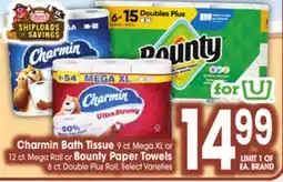 Jewel-Osco Charmin Bath Tissue 9 ct Mega XL or Bounty Paper Towels 6 ct Double Plus Roll offer
