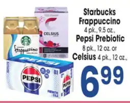 Jewel-Osco Starbucks Frappuccino, 4 pk., 9.5 oz., Pepsi Prebiotic, 8 pk., 12 oz. or Celsius, 4 pk., 12 oz offer