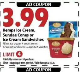Festival Foods Kemps Ice Cream, Sundae Cones or Ice Cream Sandwiches offer