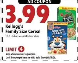 Festival Foods Kellogg's Family Size Cereal offer