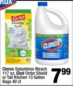 Super King Markets Clorox Splashless Bleach 117 oz, Glad Ordor Shield or Tall Kitchen 13 Gallon Bags 40 ct offer