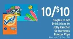 Brookshire's Sunkist Singles To Go! Or Jolly Rancher Or Warheads Freezer Pops offer