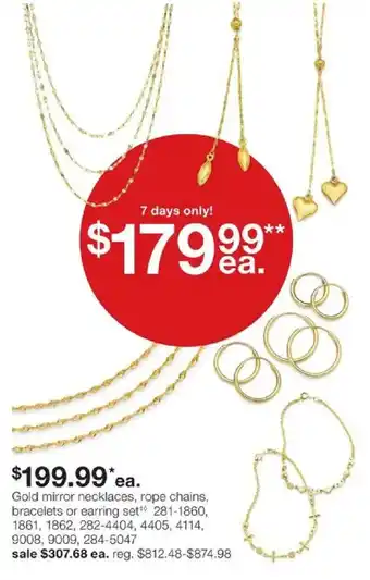 Gold mirror necklaces, rope chains, bracelets or earring set