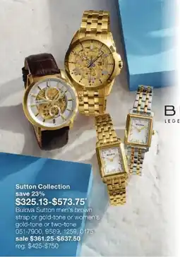 JC Penney Bulova Sutton men's brown strap or gold-tone or women's gold-tone or two-tone offer