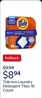 Walmart Tide evo Laundry Detergent Tiles, 100% Concentrated, Original Tide Scent, 16 Count offer
