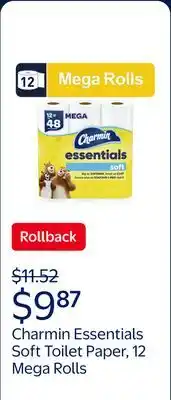 Walmart Charmin Essentials Soft Toilet Paper 12 Mega Rolls, 330 Sheets Per Roll offer