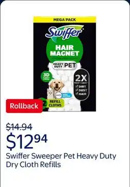 Walmart Swiffer Sweeper Pet Heavy Duty Dry Multi-Surface Cloth Refills for Floor Cleaning, Febreze offer