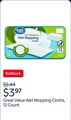 Walmart Great Value Low Streaking Wet Mopping Cloths, 12 Count offer