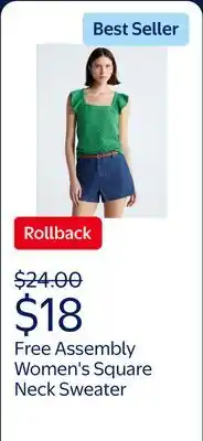 Walmart Free Assembly Women's and Women's Plus Square Neck Cotton Sweater with Flutter Sleeves offer