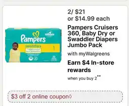 Walgreens Pampers Cruisers 360, Baby Dry or Swaddler Diapers Jumbo Pack offer