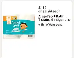 Walgreens Angel Soft Bath Tissue, 4 mega rolls offer