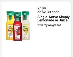 Walgreens Single-Serve Simply Lemonade or Juice offer